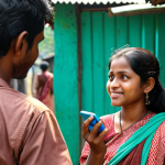 **

Bangladeshi travel scene. A traveler using a pocket translator to communicate with a local. Focus on ease of communication and portability of device.

**