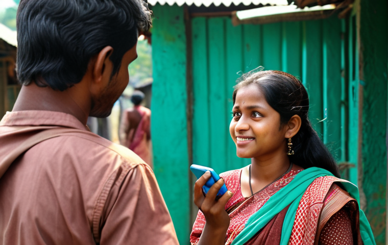 **

Bangladeshi travel scene. A traveler using a pocket translator to communicate with a local. Focus on ease of communication and portability of device.

**