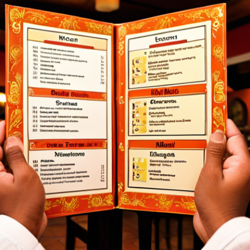 **
A close-up of a person's hands holding an open, beautifully designed Bengali restaurant menu. The menu displays various unfamiliar yet intriguing dish names in Bengali and English. A warm, subtly aromatic steam or light, colorful spice particles seem to waft up from the menu or table, hinting at complex flavors. The person's eyes, visible above the menu, show a mix of anticipation and slight, charming bewilderment, reflecting the excitement and minor uncertainty of a first-time visitor. The background is a soft blur of a cozy, authentic restaurant interior.

**