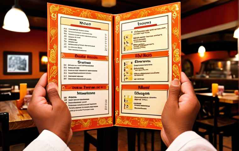 **
A close-up of a person's hands holding an open, beautifully designed Bengali restaurant menu. The menu displays various unfamiliar yet intriguing dish names in Bengali and English. A warm, subtly aromatic steam or light, colorful spice particles seem to waft up from the menu or table, hinting at complex flavors. The person's eyes, visible above the menu, show a mix of anticipation and slight, charming bewilderment, reflecting the excitement and minor uncertainty of a first-time visitor. The background is a soft blur of a cozy, authentic restaurant interior.

**