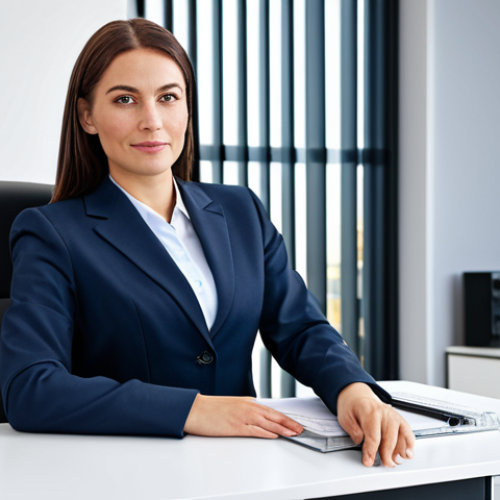 **

A professional businesswoman in a modest business suit, sitting at a desk in a modern office, fully clothed, appropriate attire, safe for work, perfect anatomy, natural proportions, professional photography, high quality.

**