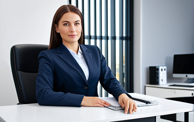 **

A professional businesswoman in a modest business suit, sitting at a desk in a modern office, fully clothed, appropriate attire, safe for work, perfect anatomy, natural proportions, professional photography, high quality.

**