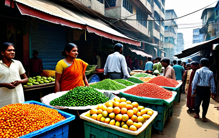 벵골어 이민 생활 - **Prompt 1: Bustling Dhaka Market Scene**
    "A hyper-realistic and vibrant open-air market in Dhak...
