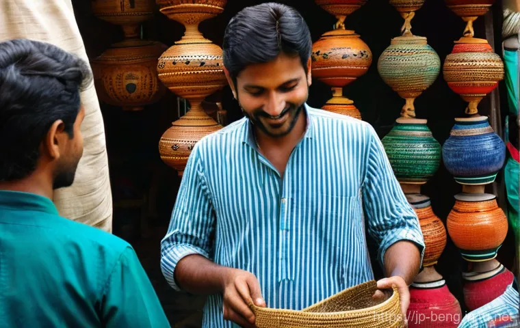 벵골어 쇼핑 표현 - **A Heartwarming Greeting in a Bangladeshi Market**
    Generate an image depicting a vibrant and bu...