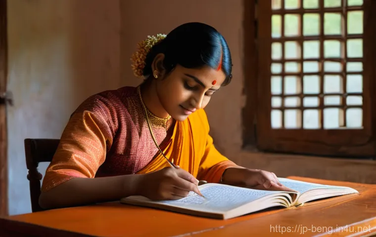벵골어 통번역 - **Prompt:** A serene and focused young woman (or man) is deeply engrossed in learning Bengali. She i...