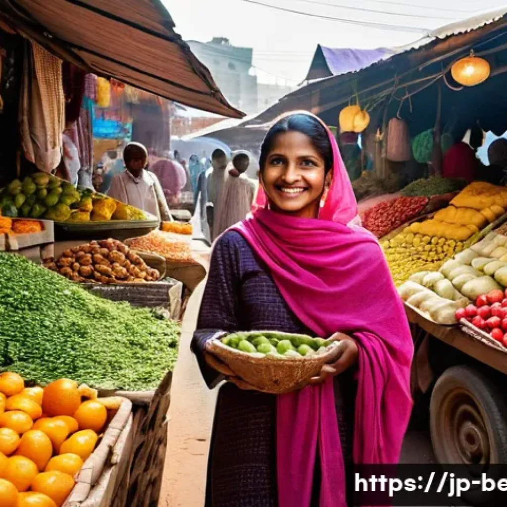 벵골어 여행 필수 표현 - **Vibrant Market Greeting:** A cheerful young female traveler, with a friendly smile, extends her ha...