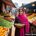 벵골어 여행 필수 표현 - **Vibrant Market Greeting:** A cheerful young female traveler, with a friendly smile, extends her ha...