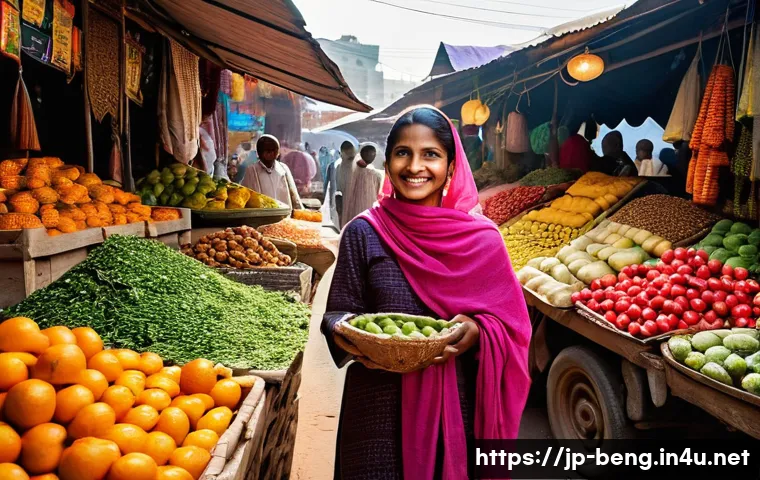 벵골어 여행 필수 표현 - **Vibrant Market Greeting:** A cheerful young female traveler, with a friendly smile, extends her ha...
