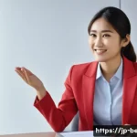 벵골어 면접 준비 - A professional young Japanese woman sitting confidently in a modern office interview room, dressed i...