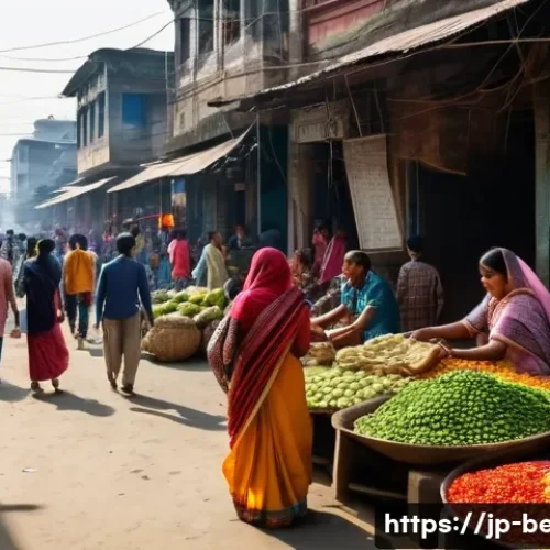 벵골어 코칭 - A vibrant street market scene in Bangladesh during daytime, bustling with diverse people engaged in ...