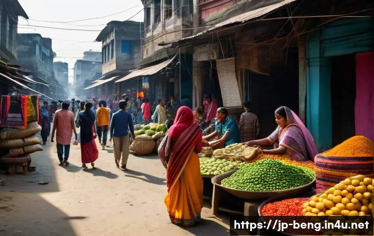 벵골어 코칭 - A vibrant street market scene in Bangladesh during daytime, bustling with diverse people engaged in ...