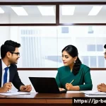 벵골어 비즈니스 이메일 - A professional office setting with a diverse group of Japanese businesspeople engaged in a formal me...
