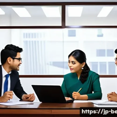벵골어 비즈니스 이메일 - A professional office setting with a diverse group of Japanese businesspeople engaged in a formal me...