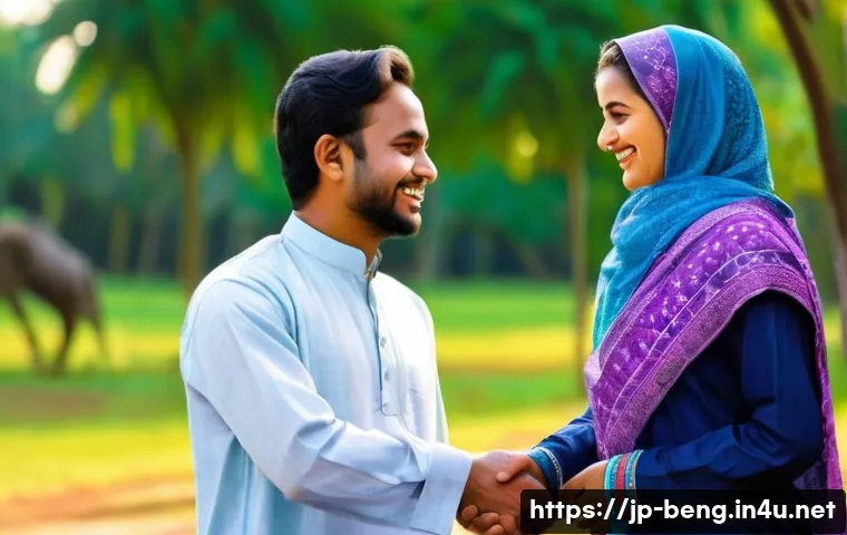 벵골어 현지 예절 - A warm and respectful greeting scene in Bangladesh: two adults exchanging the traditional Islamic gr...