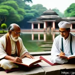 벵골어 변화 과정 - A detailed historical scene illustrating ancient Bengal with scholars dressed in traditional Indian ...