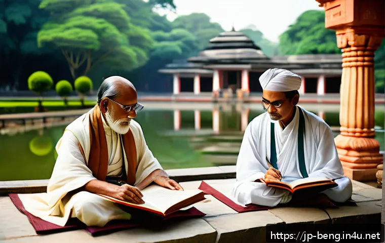 벵골어 변화 과정 - A detailed historical scene illustrating ancient Bengal with scholars dressed in traditional Indian ...