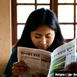 벵골어 신문 읽기 - Photorealistic morning scene in a quiet Dhaka café, a Japanese traveler seated by a sunlit window re...