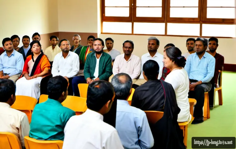 벵골어 정치적 역할 - Photorealistic editorial scene of a Bengali community meeting in a bright civic hall, diverse adult ...