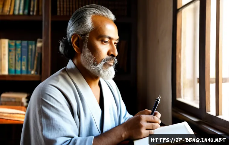 벵골어 유명 작가 - Photorealistic portrait of a distinguished Bengali literary author with a silver beard and simple tr...