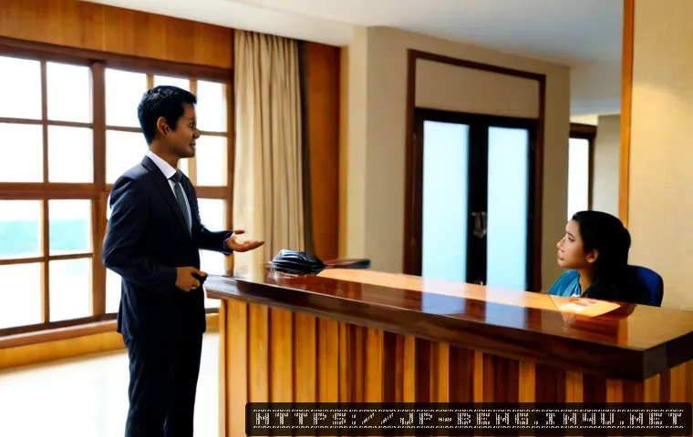 벵골어 호텔 체크인 - Photorealistic modern hotel reception in Dhaka, a Bengali-speaking traveler warmly checking in with ...